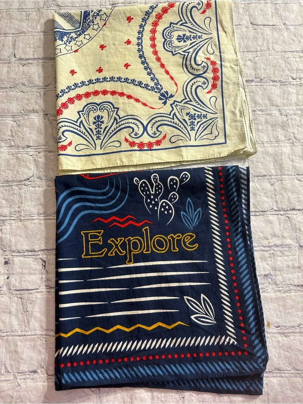 LOT OF (2) 100% COTTON MULTI COLORED SQUARE HANDKERCHIEF STYLE SCARVES BOHEMIAN